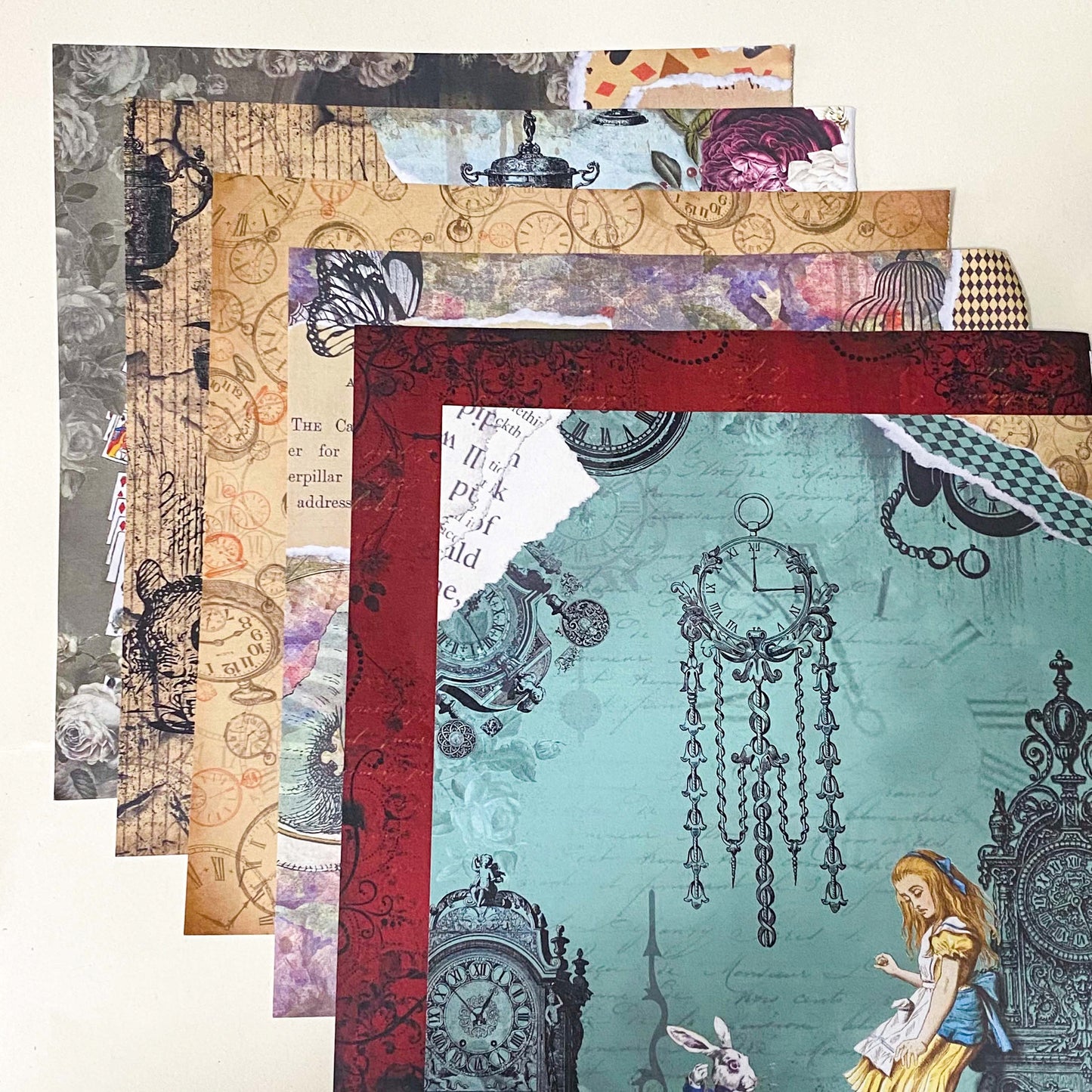 set of 6 alice in wonderland scrapbook paper sheets, double sided vintage collage deigns with clocks, playing cards and floral elements