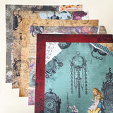 set of 6 alice in wonderland scrapbook paper sheets, double sided vintage collage deigns with clocks, playing cards and floral elements
