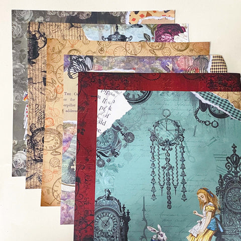set of 6 alice in wonderland scrapbook paper sheets, double sided vintage collage deigns with clocks, playing cards and floral elements