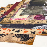 set of 6 alice in wonderland scrapbook paper sheets, double sided vintage collage deigns with clocks, playing cards and floral elements