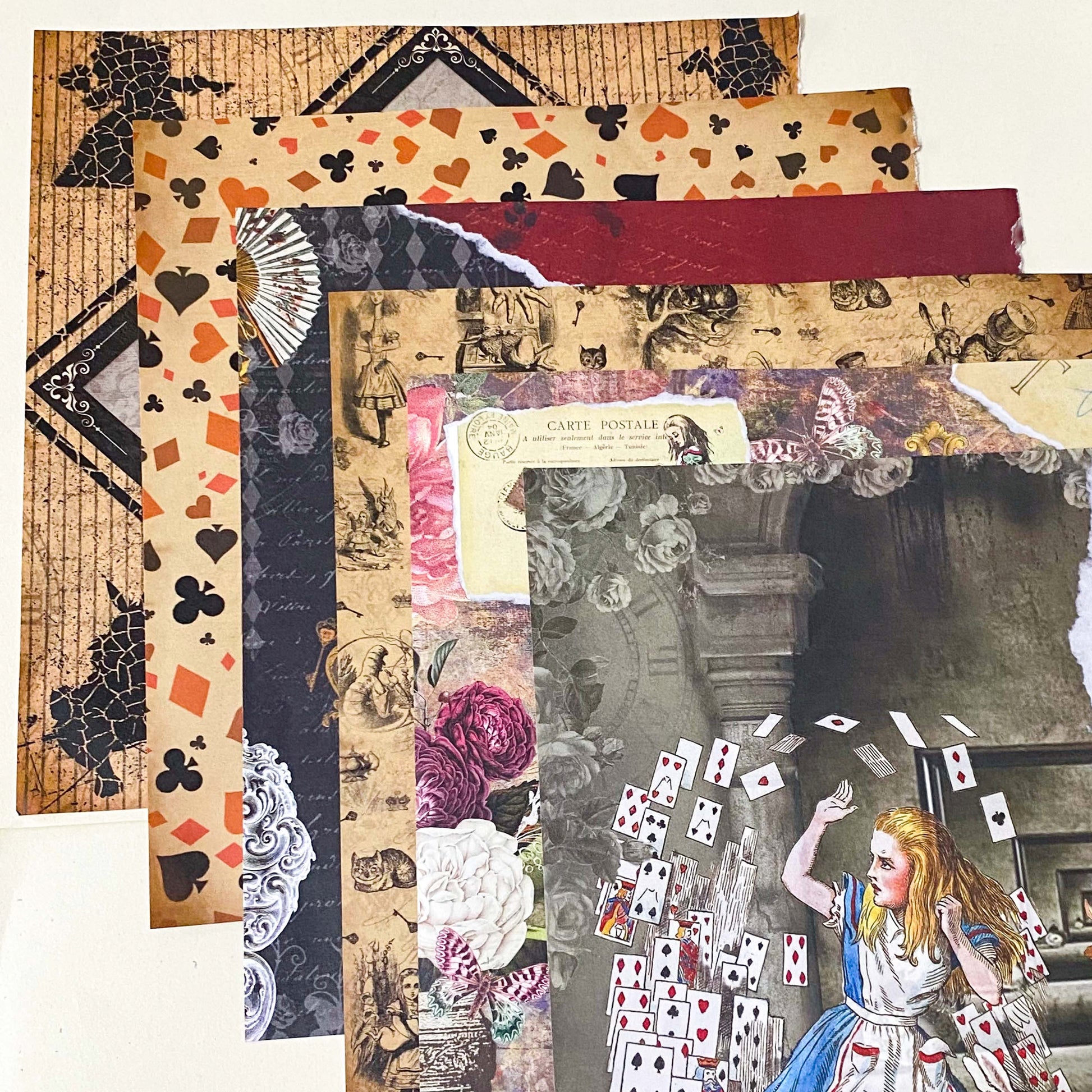 set of 6 alice in wonderland scrapbook paper sheets, double sided vintage collage deigns with clocks, playing cards and floral elements