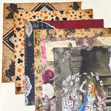 set of 6 alice in wonderland scrapbook paper sheets, double sided vintage collage deigns with clocks, playing cards and floral elements