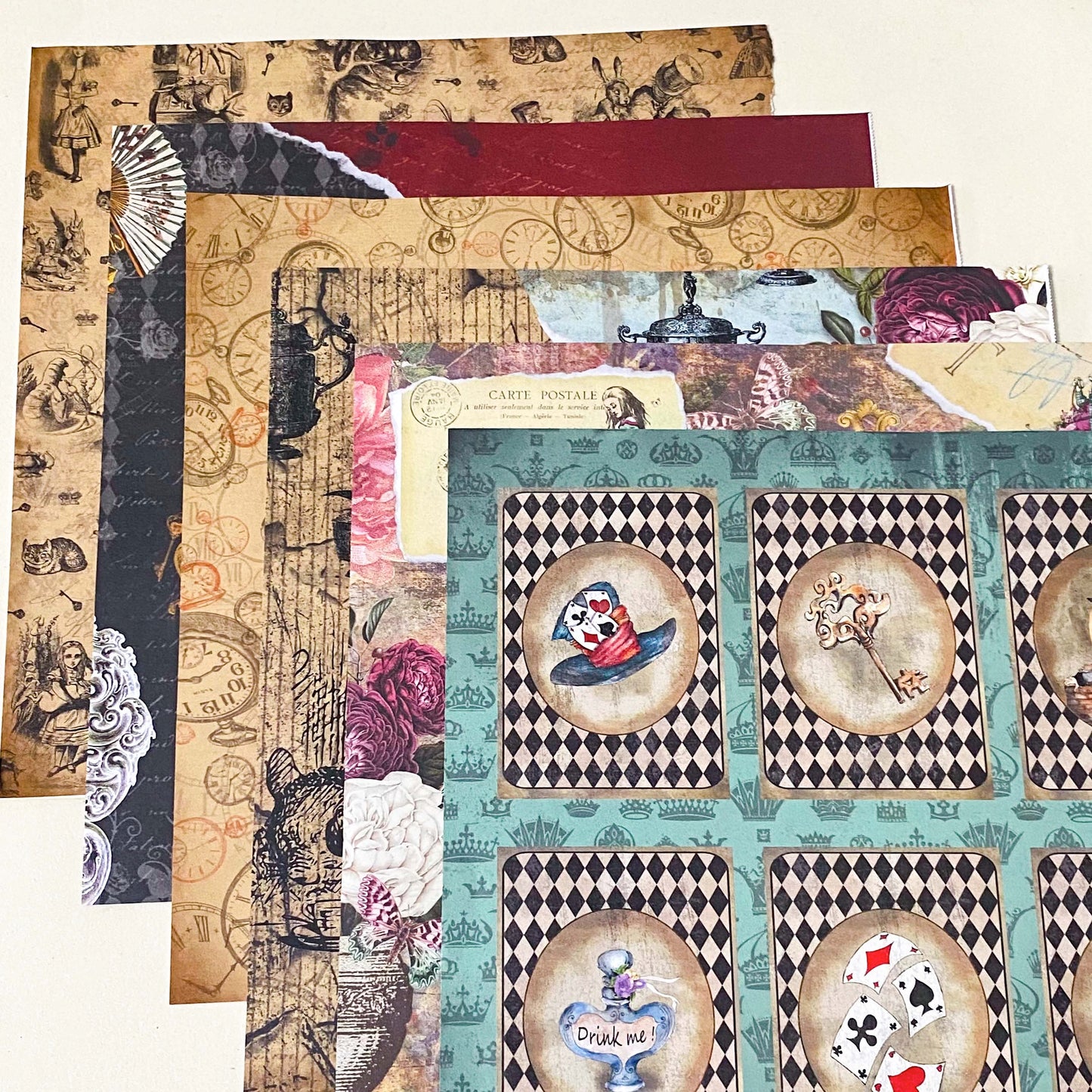 set of 6 alice in wonderland scrapbook paper sheets, double sided vintage collage deigns with clocks, playing cards and floral elements