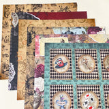 set of 6 alice in wonderland scrapbook paper sheets, double sided vintage collage deigns with clocks, playing cards and floral elements