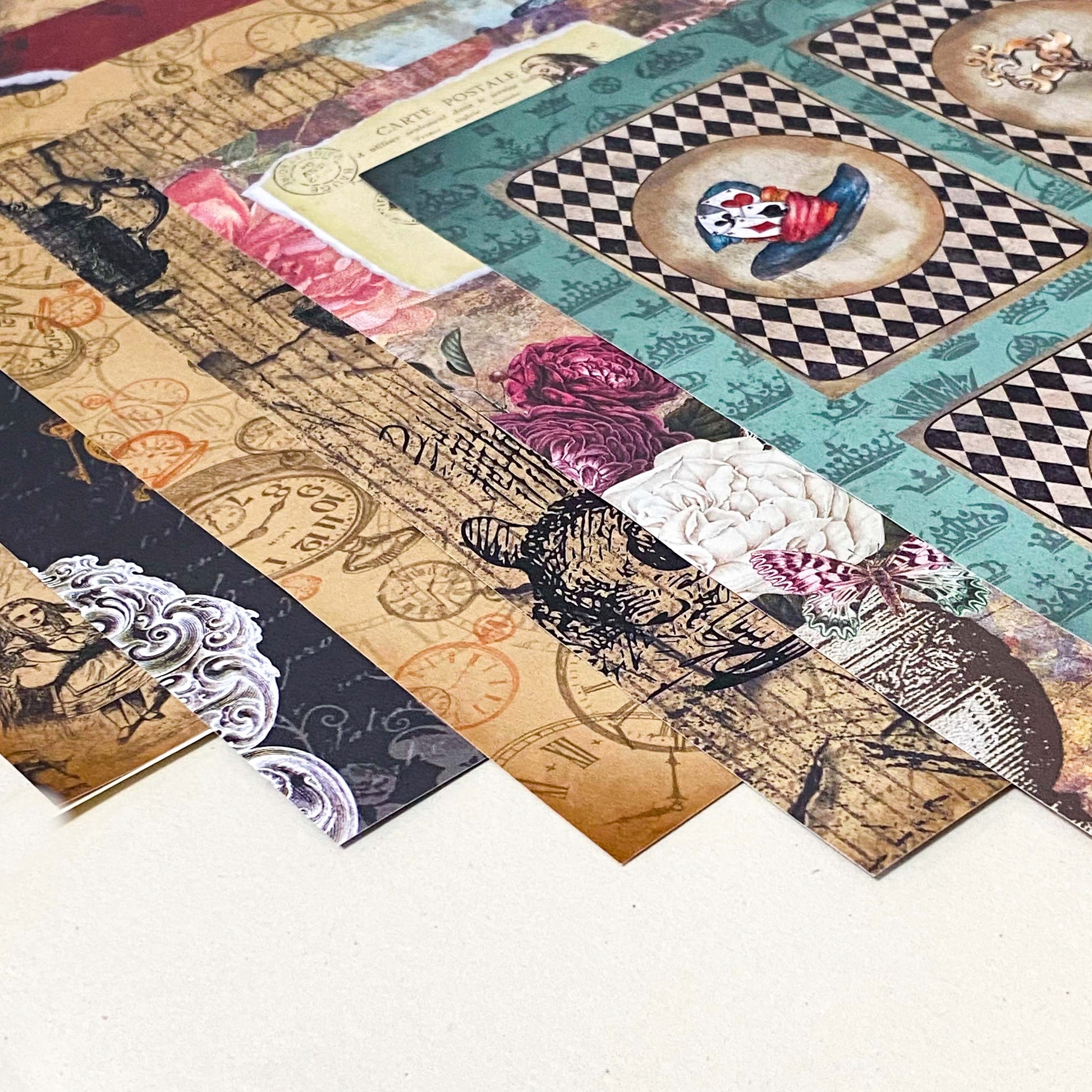 set of 6 alice in wonderland scrapbook paper sheets, double sided vintage collage deigns with clocks, playing cards and floral elements