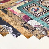 set of 6 alice in wonderland scrapbook paper sheets, double sided vintage collage deigns with clocks, playing cards and floral elements
