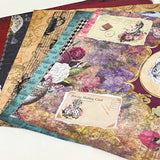 set of 6 alice in wonderland scrapbook paper sheets, double sided vintage collage deigns with clocks, playing cards and floral elements
