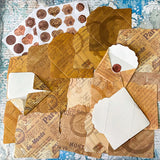 vintage mini envelope scrapbooking kit with sticker seals, brown antique paper textures ephemera