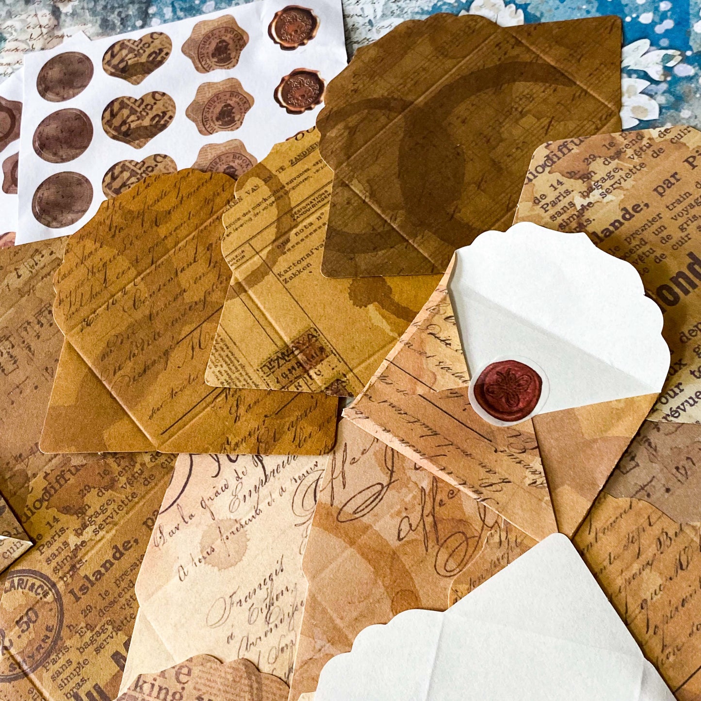 vintage mini envelope scrapbooking kit with sticker seals, brown antique paper textures ephemera envelopes set