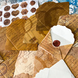 vintage mini envelope scrapbooking kit with sticker seals, brown antique paper textures ephemera envelopes set