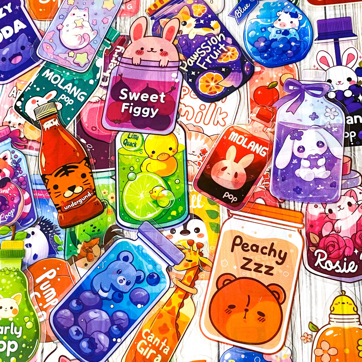 kawaii drink stickers in clear plastic cute cartoon bottle fruit juice milk sticker set of 50 colourful
