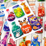 kawaii drink stickers in clear plastic cute cartoon bottle fruit juice milk sticker set of 50 colourful