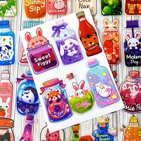 kawaii drink stickers in clear plastic cute cartoon bottle fruit juice milk sticker set of 50 colourful