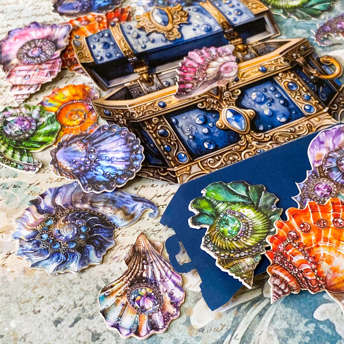 vintage seashell stickers jewel shell embellishments ornate ocean stickers inside hidden treasure chest, card die cuts