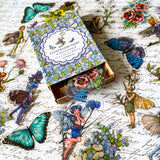 flower fairy clear sticker box with vintage botanical fairies transparent stickers set in blue box, blue violet and turquoise green flowers and butterflies