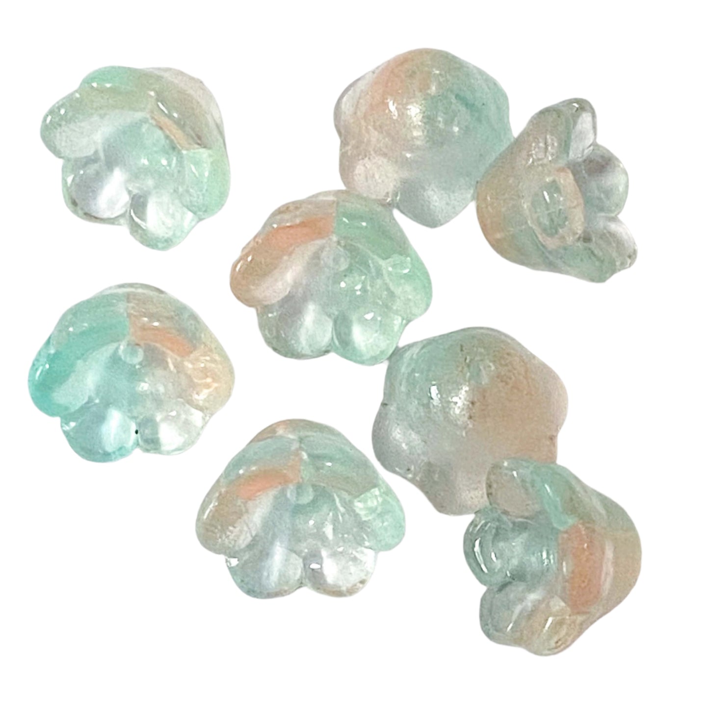 glass bead beads flower flowers bell bells bluebell pretty colourful ombre petals pink blue aqua mint wine rainbow colours uk cute kawaii 10mm 11mm 12mm craft supplies jewellery making shop store
