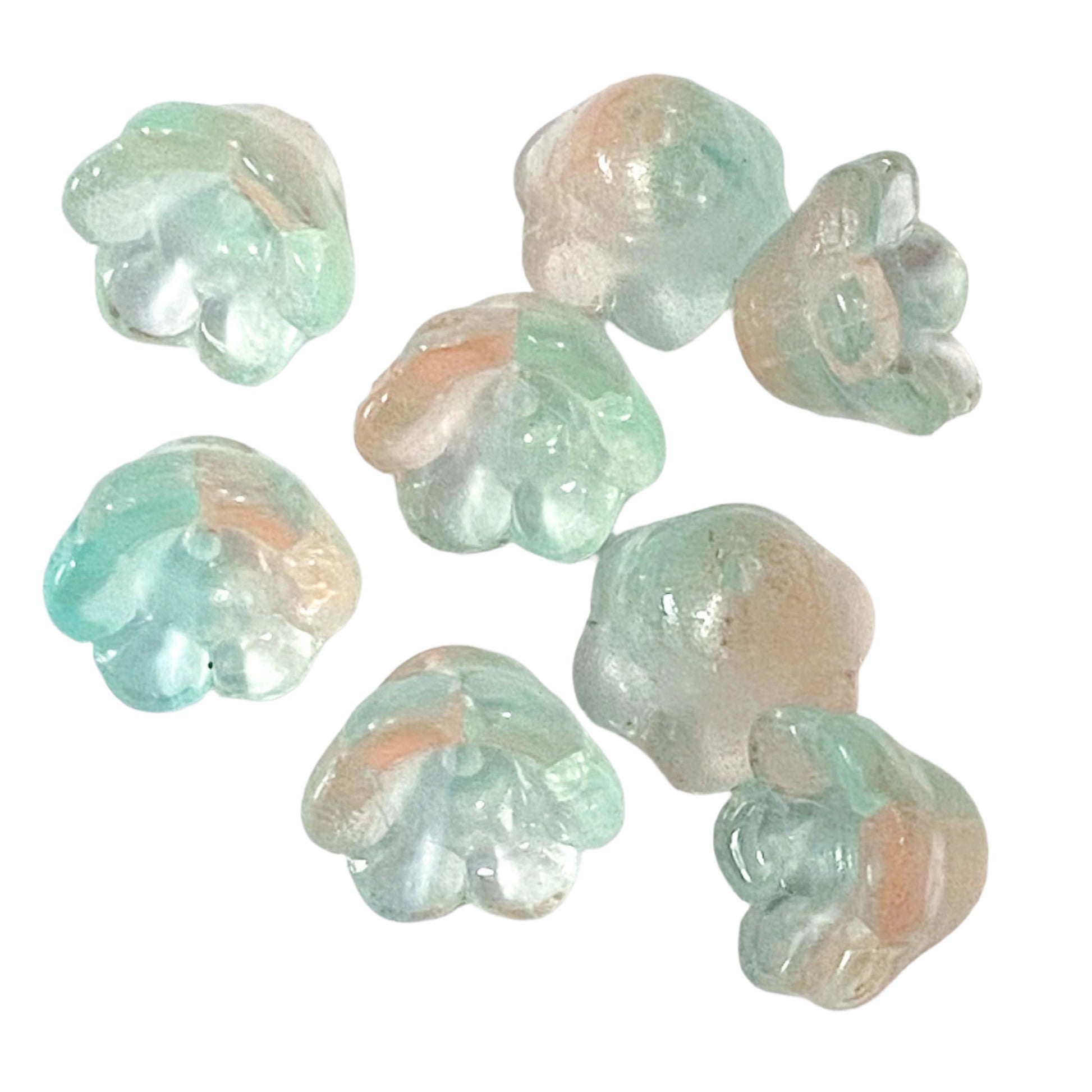 glass bead beads flower flowers bell bells bluebell pretty colourful ombre petals pink blue aqua mint wine rainbow colours uk cute kawaii 10mm 11mm 12mm craft supplies jewellery making shop store