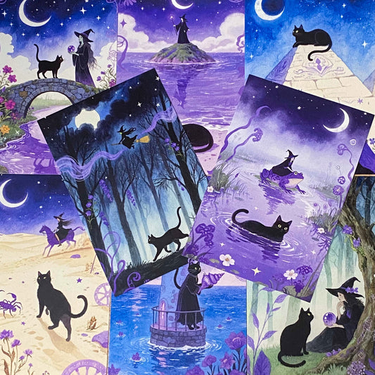 magic magical watercolour postcard postcards post card cards uk cute kawaii witch witches black cat cats witchcraft pretty stationery shop store planner supplies desert wood woodland broom broomstick water pyramid castle witch"s familiar individual single beautiful