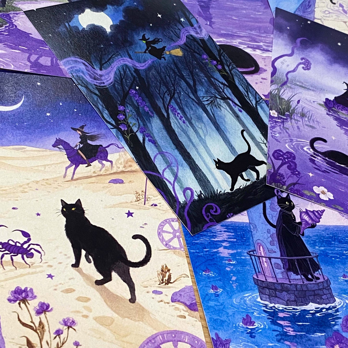 magic magical watercolour postcard postcards post card cards uk cute kawaii witch witches black cat cats witchcraft pretty stationery shop store planner supplies desert wood woodland broom broomstick water pyramid castle witch"s familiar individual single beautiful