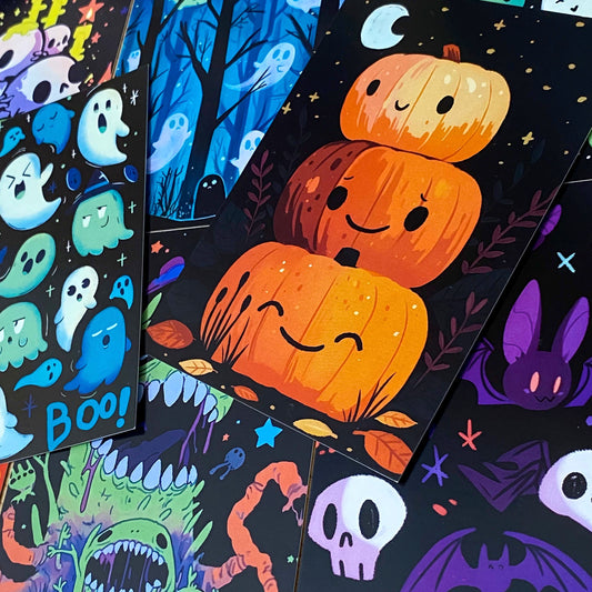 vibrant bright colourful kawaii halloween spooky set of postcard postcards post card cards uk  cute stationery gift gifts planner supplies pumpkin pumpkins ghost ghosts monster monsters scary bat bats haunted house houses black silhouettes forest skull skulls