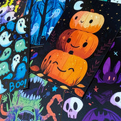 vibrant bright colourful kawaii halloween spooky set of postcard postcards post card cards uk  cute stationery gift gifts planner supplies pumpkin pumpkins ghost ghosts monster monsters scary bat bats haunted house houses black silhouettes forest skull skulls