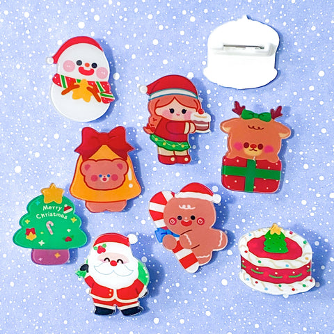 kids child childrens acrylic plastic pin brooch brooches badge christmas festive cute kawaii gift gifts stocking filler fillers uk shop store santa snowman gingerbread man men candy cane tree cake bear reindeer rudolph present bell