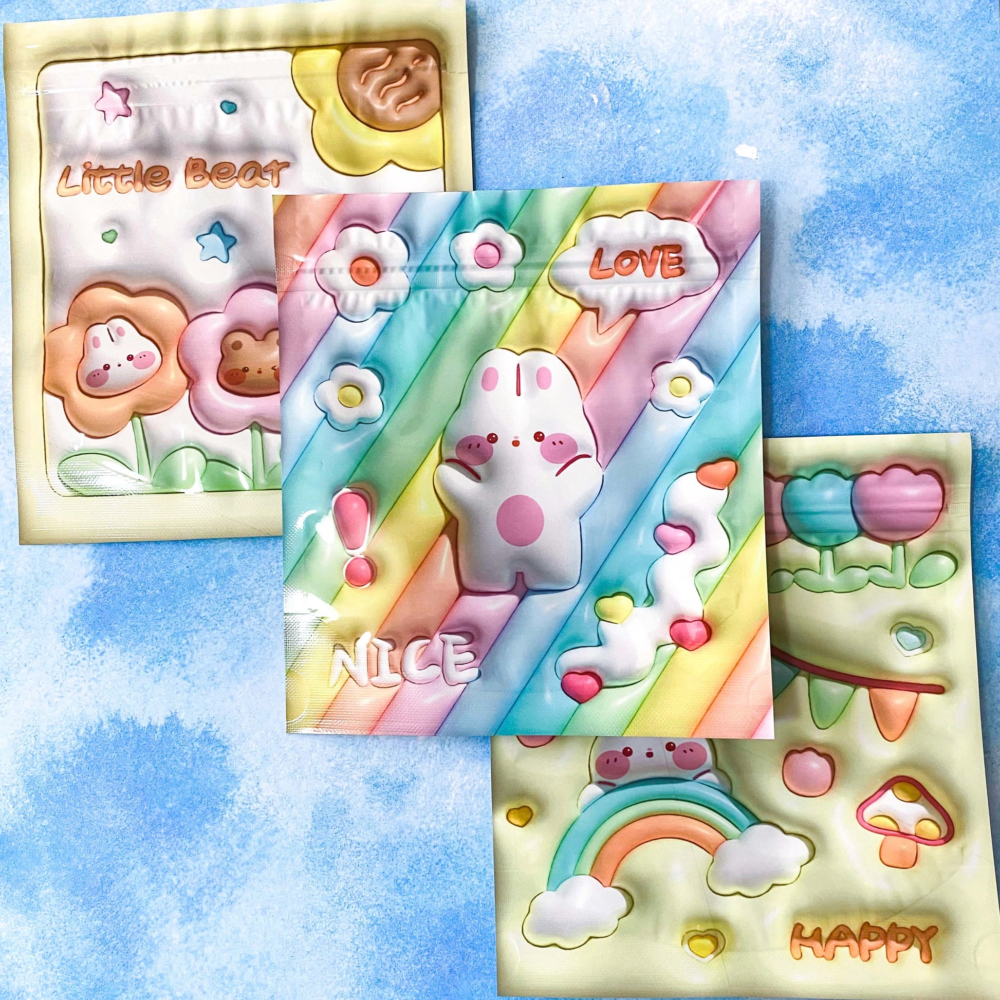 puffy effect large square re-sealable re sealable cello plastic bag bags packaging bunny bear kawaii cute rainbow colours pastel pretty spring springtime uk stationery gift gifts flower flowers cloud clouds