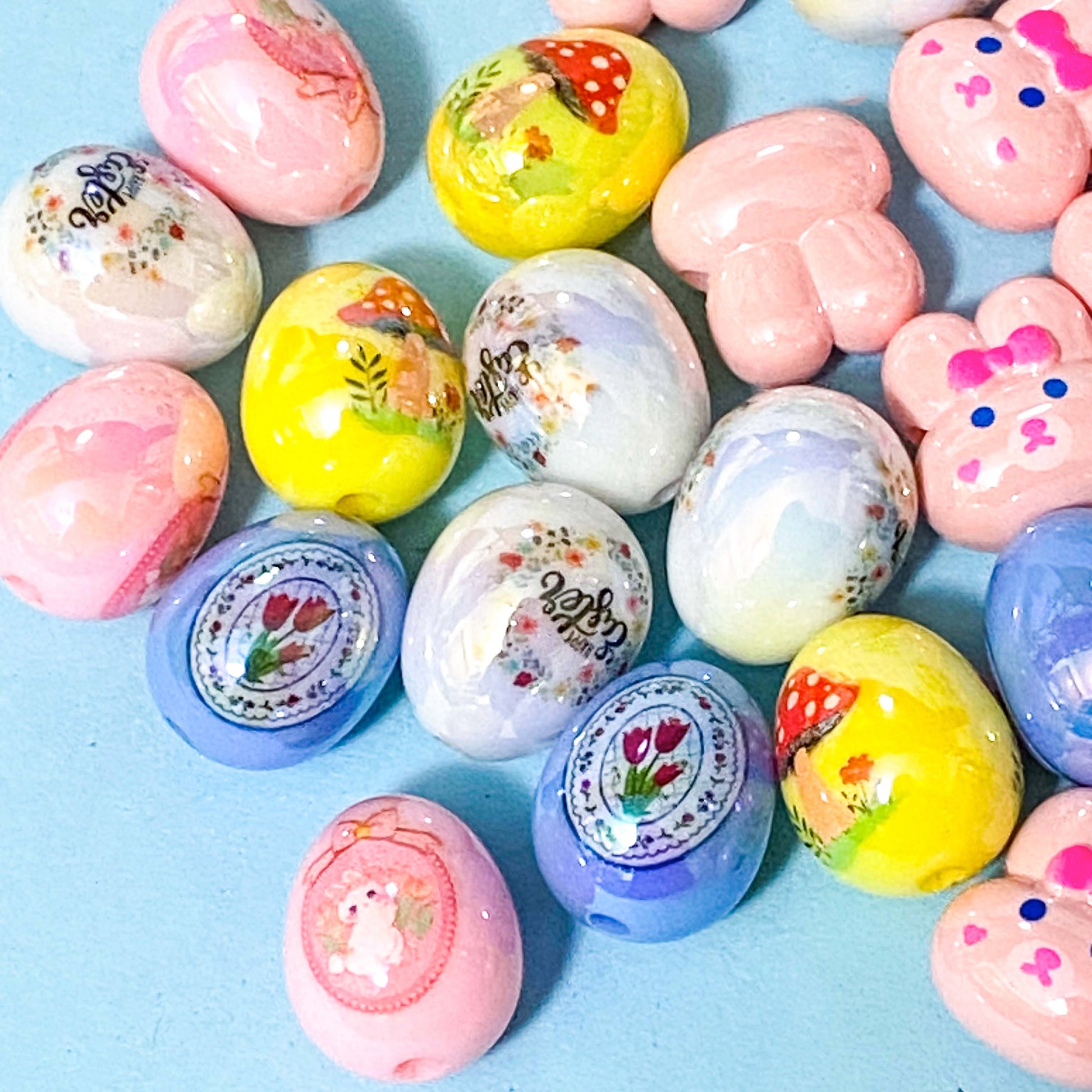glossy lustre egg eggs easter spring bead beads jumbo large big chunky acrylic craft supplies for making beaded pen pens jewellery pink rabbit rabbits bunny bunnies 20mm 21mm uk cute kawaii stationery shop store pretty yellow white blue iridescent pearl pearly