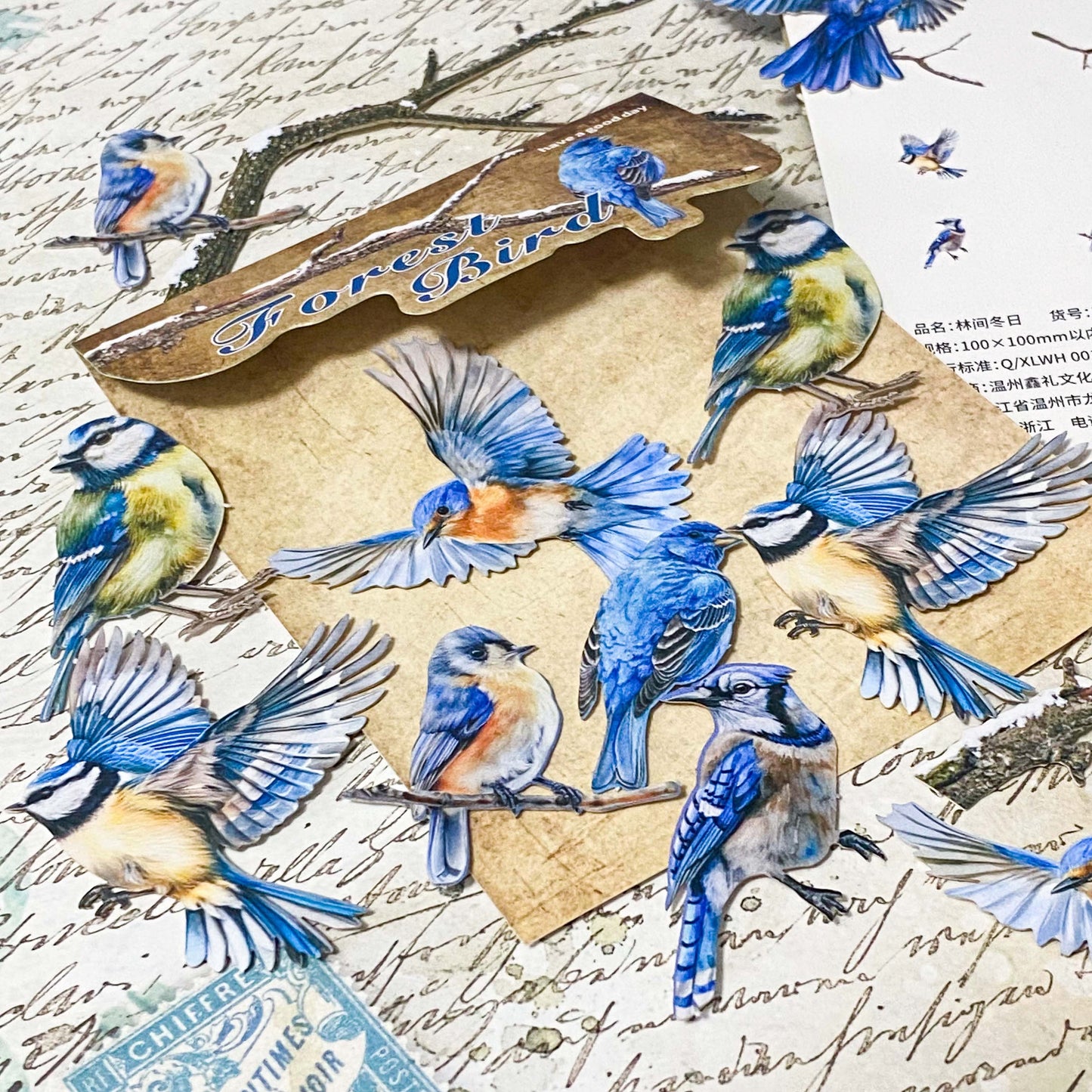 forest blue tit birds and branches card sticker pack of 20 with bright blue flying birds and trees for journaling and scrapbooking