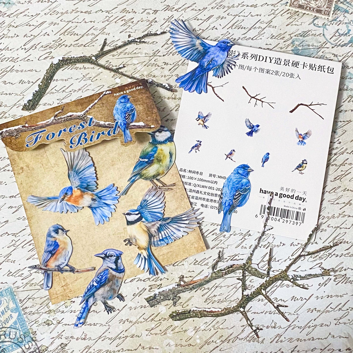 vintage style bird card stickers set, bluebirds and woodland birds, nature ephemera for journaling and scrapbooking