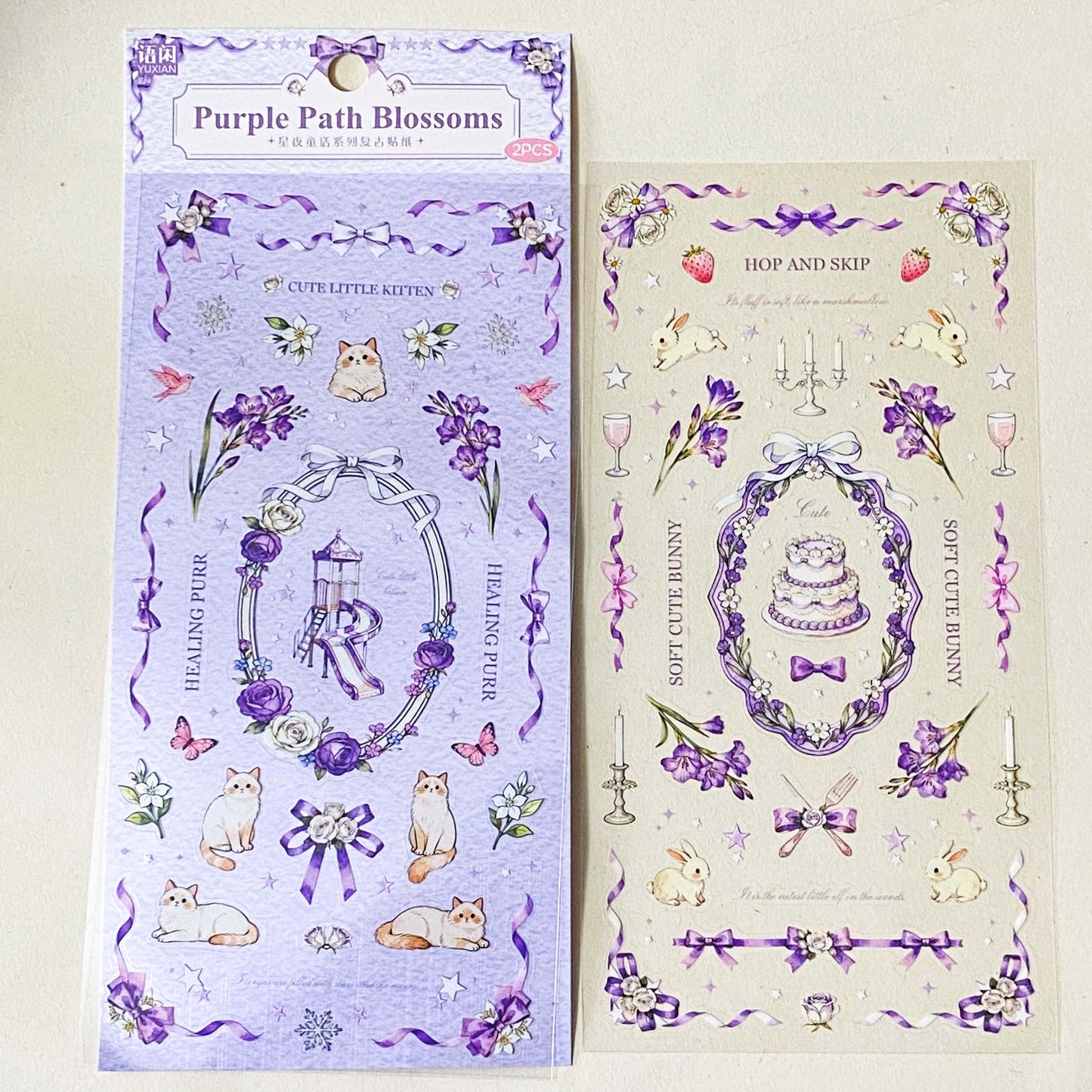 set of 2 purple floral clear sticker sheets with bunnies kittens bows and vintage style decorative elements