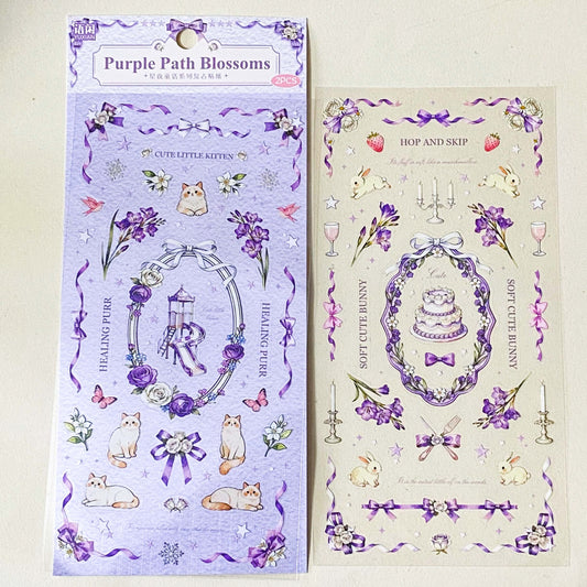set of 2 purple floral clear sticker sheets with bunnies kittens bows and vintage style decorative elements