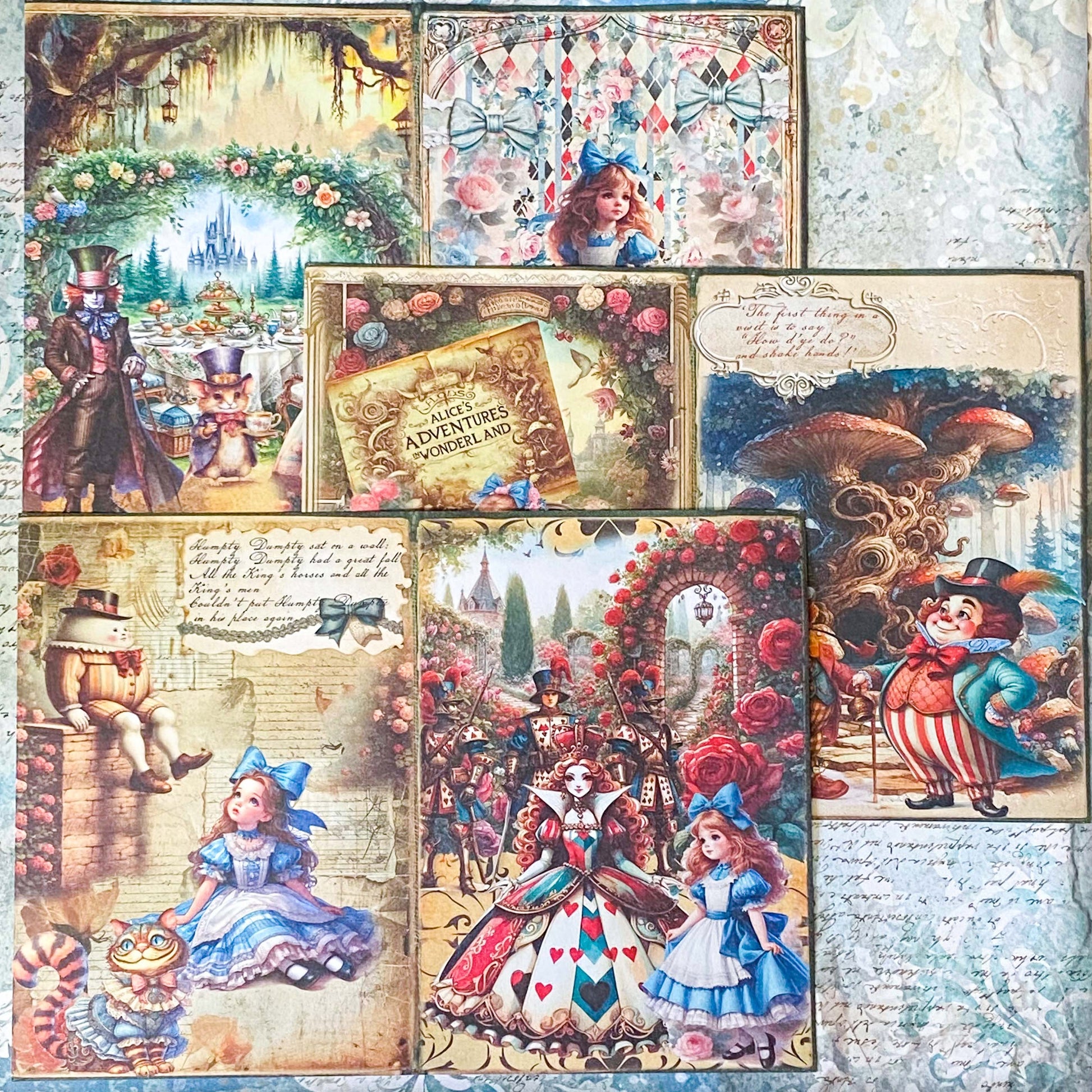 alice in wonderland scrapbook paper a5 pack vintage style illustrated journaling sheets with characters and floral scenes