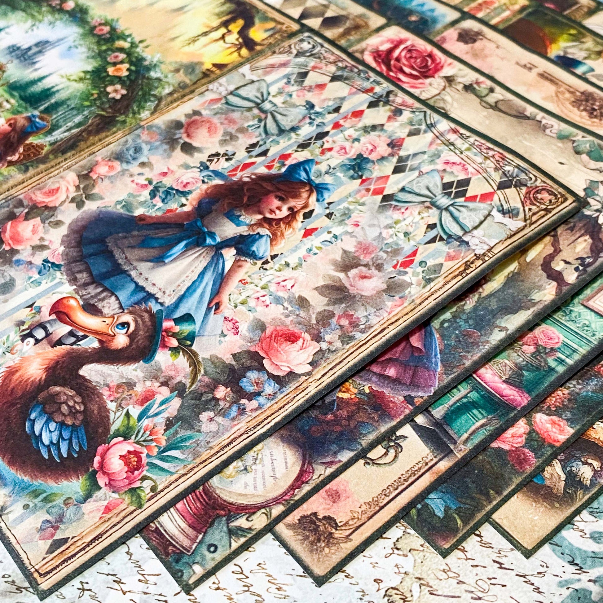 alice in wonderland scrapbook paper a5 pack vintage style illustrated journaling sheets with characters and floral scenes