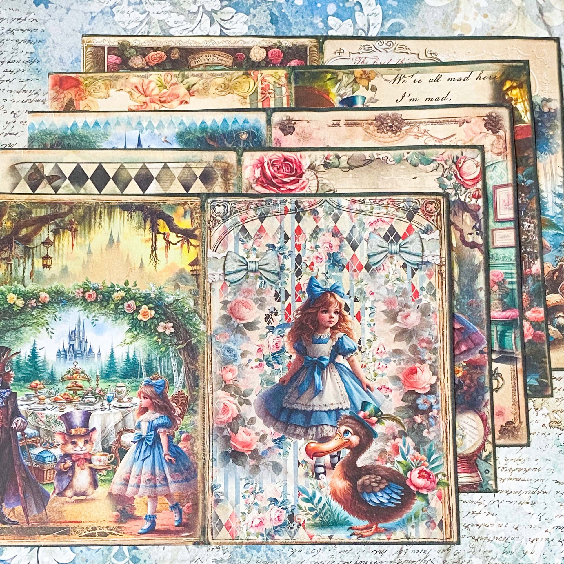 alice in wonderland scrapbook paper a5 pack vintage style illustrated journaling sheets with characters and floral scenes