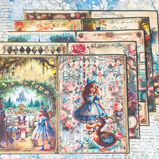 alice in wonderland scrapbook paper a5 pack vintage style illustrated journaling sheets with characters and floral scenes