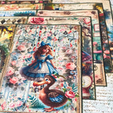 alice in wonderland scrapbook paper a5 pack vintage style illustrated journaling sheets with characters and floral scenes