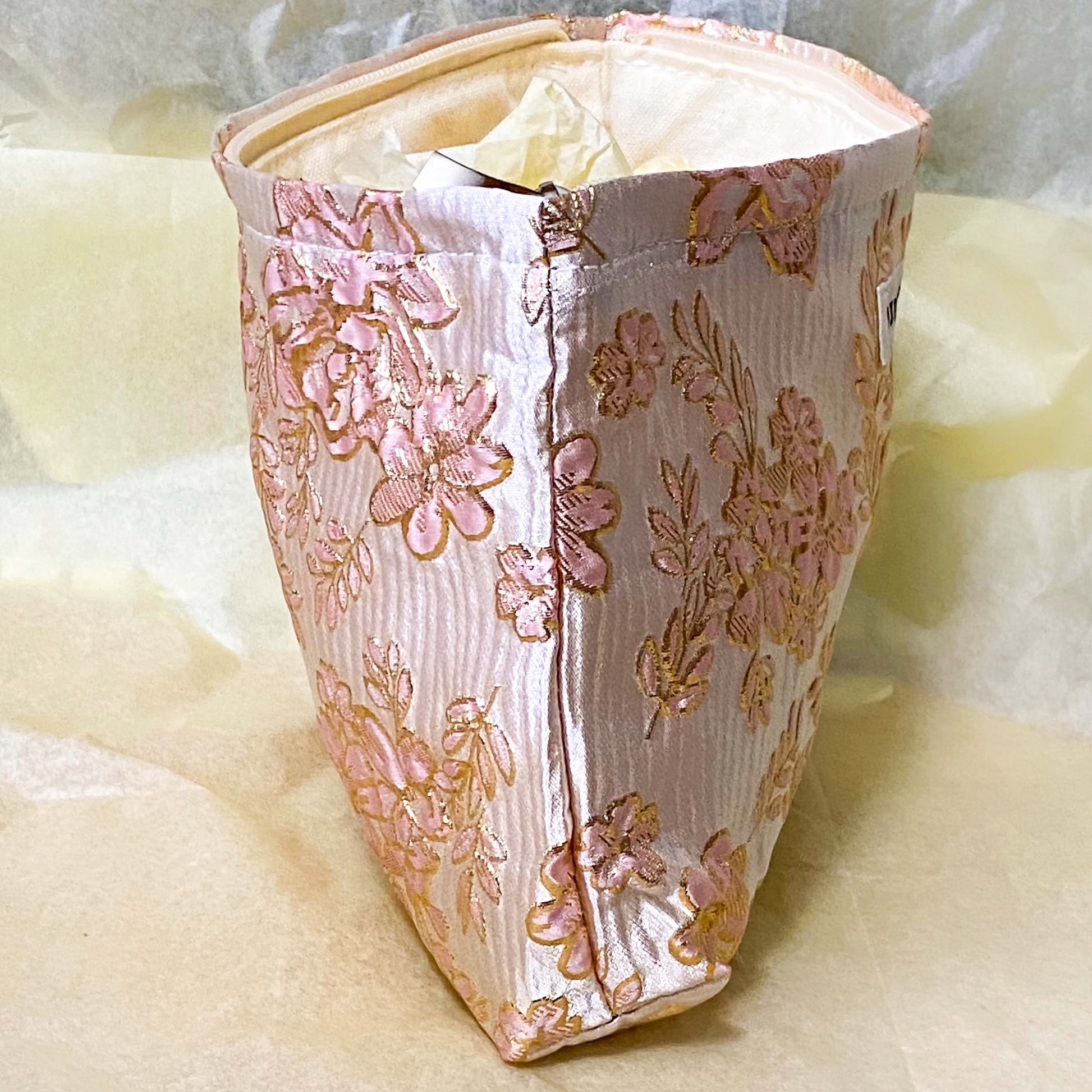 champagne satin fabric woven pouch with gold thread highlights and pink roses design. large cosmetic bag or journaling pouch. uk letterbox gifts