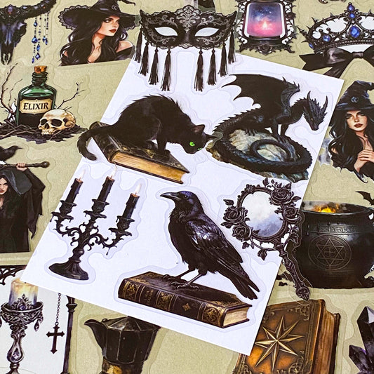 pack of 50 gothic PET stickers featuring ravens, dragons, black cats, antique books, potion bottles, crystals, witches, bats and dark academia stickers. black aesthetic. uk stationery shop.