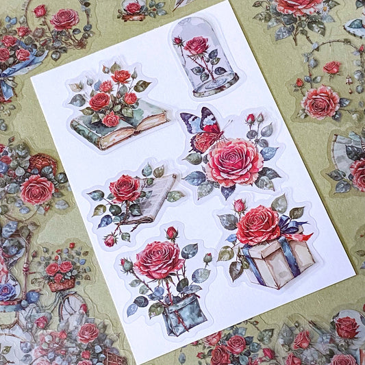 set of 52 premium PET stickers featuring heirloom red roses, vintage books, handwritten letters, envelopes, baskets, bicycles, and romantic botanical vintage illustrations.  