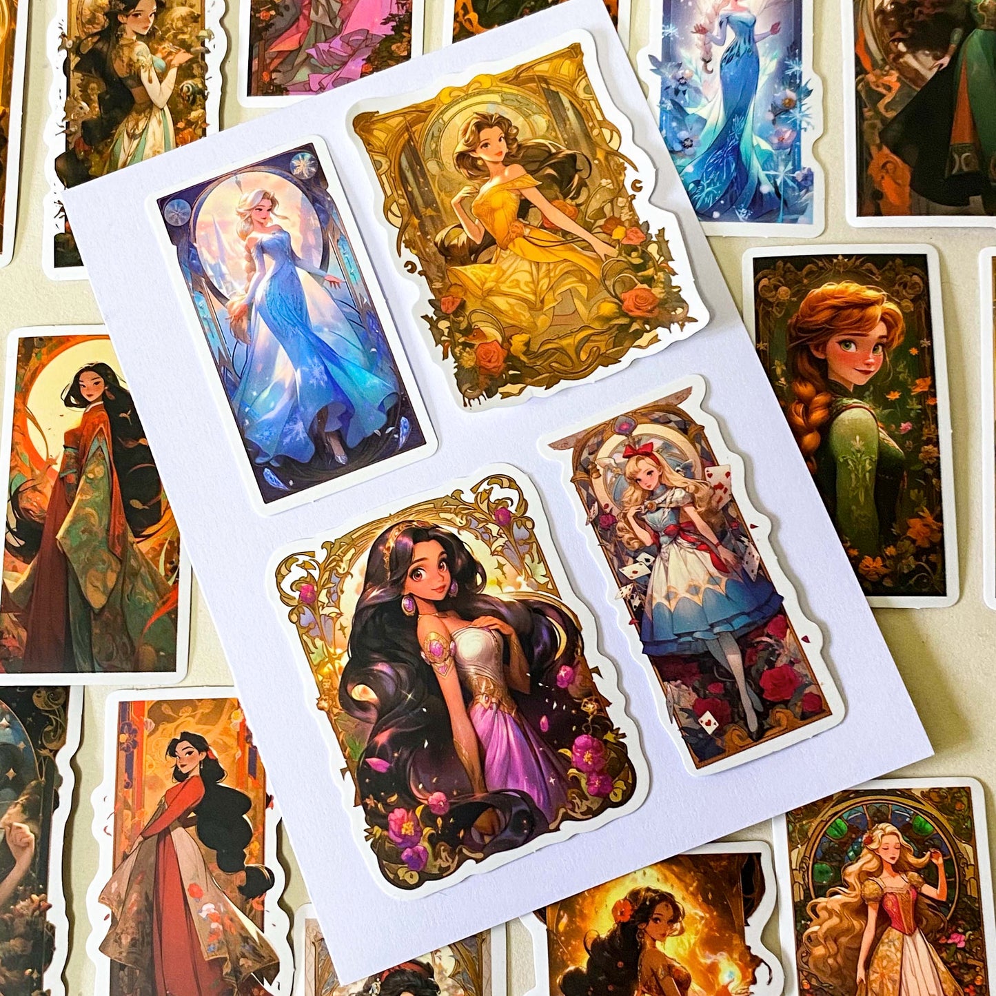 pack of 50 large rectangular matte paper stickers featuring beautifully illustrated fantasy heroines, princesses and magical storybook characters in rich colourful artwork. uk stationery shop.