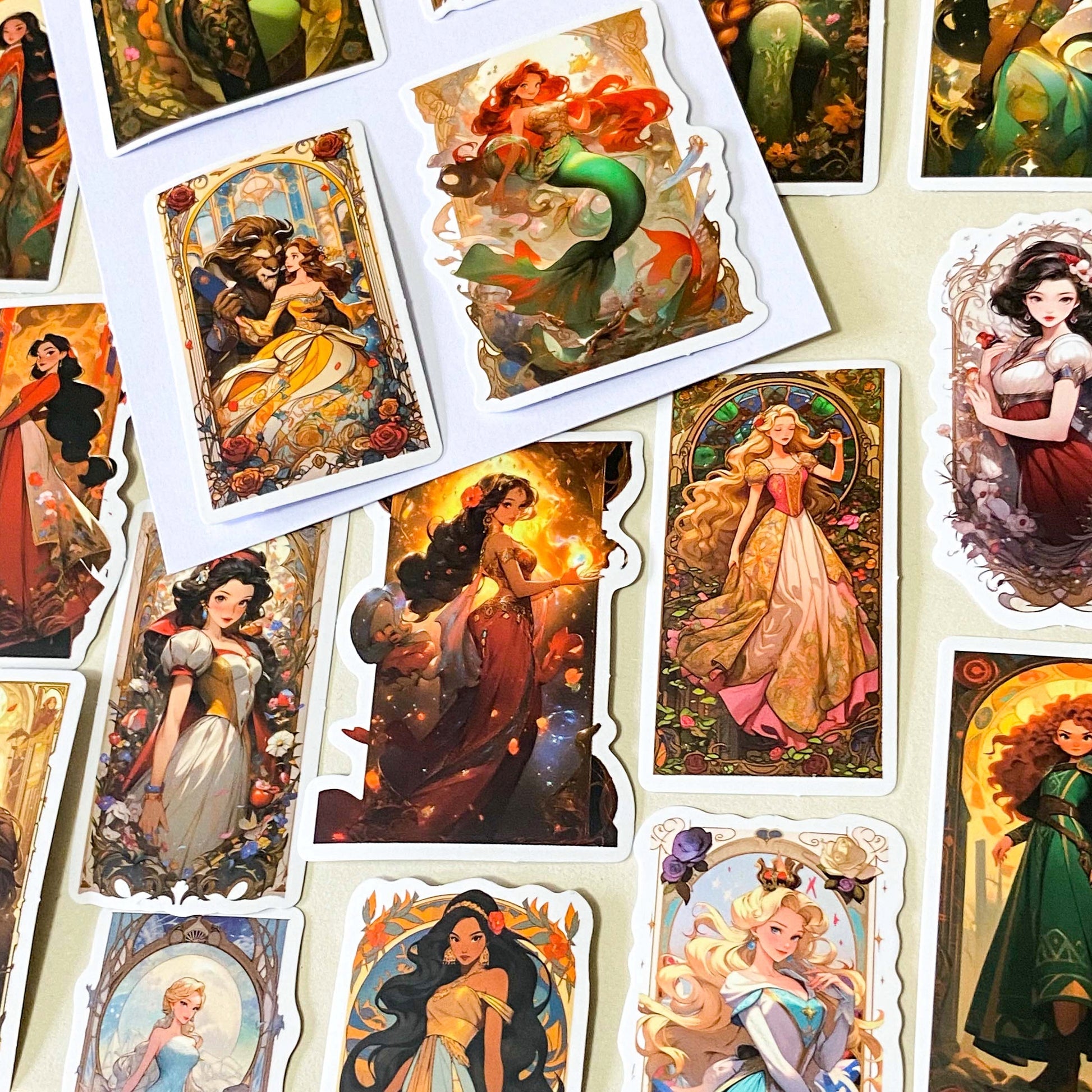 pack of 50 large rectangular matte paper stickers featuring beautifully illustrated fantasy heroines, princesses and magical storybook characters in rich colourful artwork. uk stationery shop.