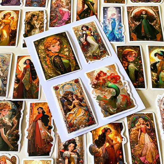 pack of 50 large rectangular matte paper stickers featuring beautifully illustrated fantasy heroines, princesses and magical storybook characters in rich colourful artwork. uk stationery shop.