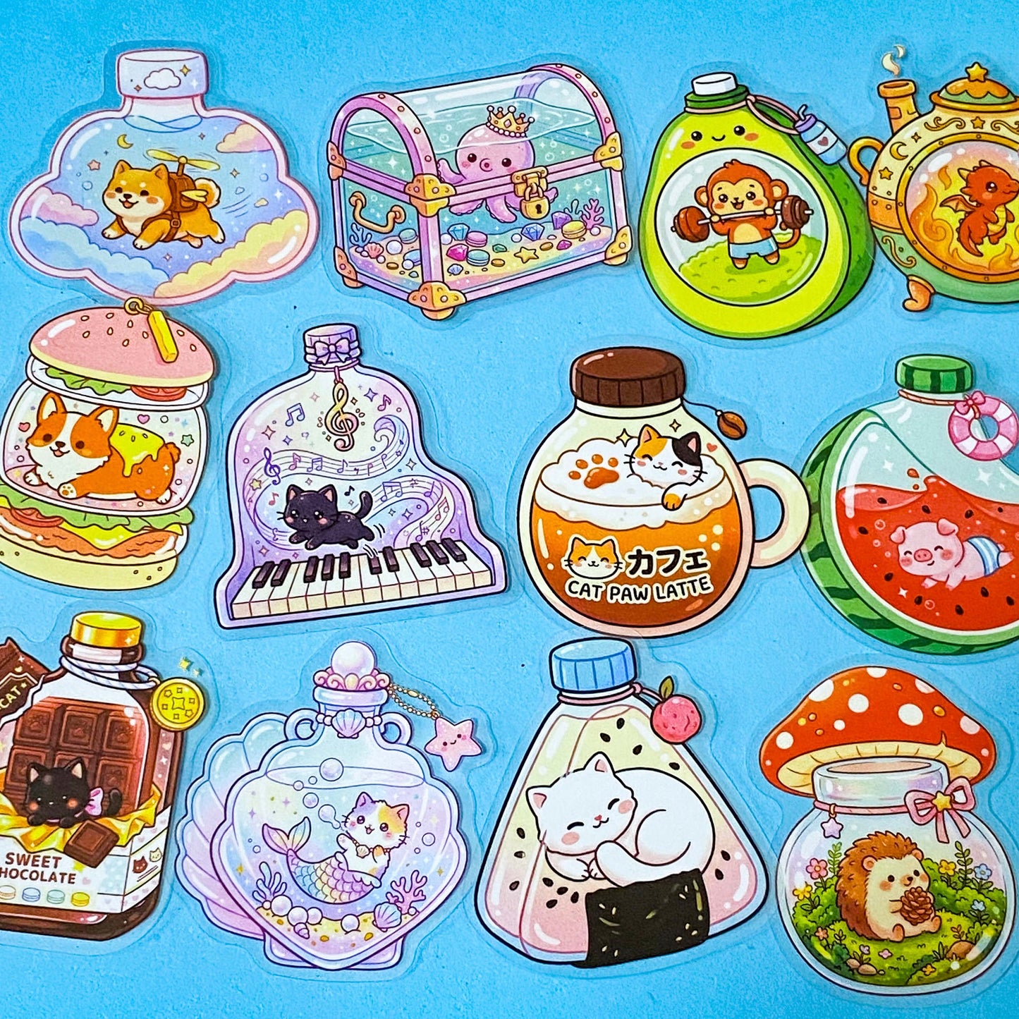 pack of 48 transparent PET stickers featuring cute animals and magical creatures inside colourful bottles, jars and potion flasks. Uk cute stationery shop.