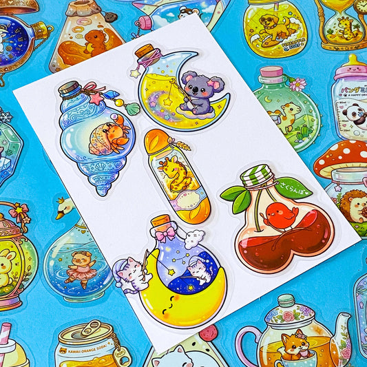 pack of 48 transparent PET stickers featuring cute animals and magical creatures inside colourful bottles, jars and potion flasks. Uk cute stationery shop.