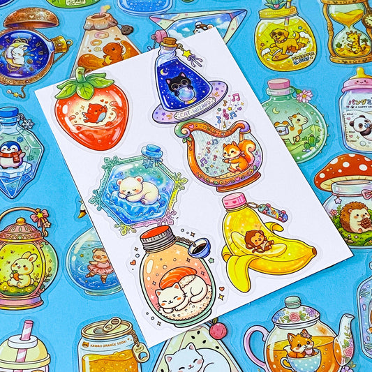 pack of 48 transparent PET stickers featuring cute animals and magical creatures inside colourful bottles, jars and potion flasks. Uk cute stationery shop.