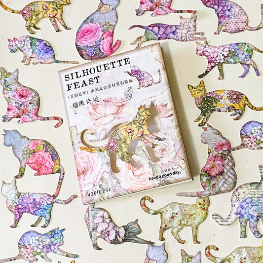 pack of 45 paper stickers featuring elegant cat silhouettes filled with vintage roes, hydrangeas, botanical flowers and antique inspired illustrations. uk stationery shop for journaling and scrapbooking.