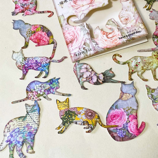 pack of 45 paper stickers featuring elegant cat silhouettes filled with vintage roes, hydrangeas, botanical flowers and antique inspired illustrations. uk stationery shop for journaling and scrapbooking.