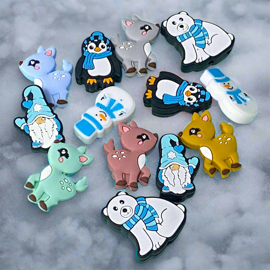 christmas festive pvc jumbo large big silicone bead beads uk cute kawaii craft supplies shop store snowman snowmen deer baby gnome gnomes penguin penguins make your own beaded pens pen blue aqua teal turquoise white polar bear bears 