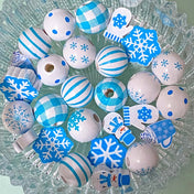 blue and white and turquoise wood wooden bead beads jumbo large 15mm 18mm 20mm uk cute kawaii winter snow snowy snowflake craft supplies shop store ice mitten mittens snowman striped check pattern dots dotty uk jewellery making beaded pens
